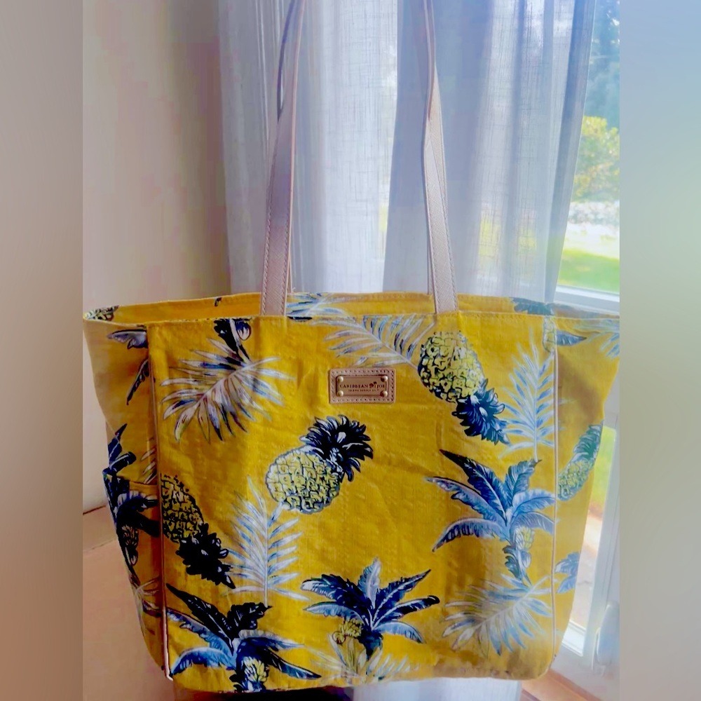 Caribbean Joe Island Supply Co. large yellow tropical pineapple beach tote bag